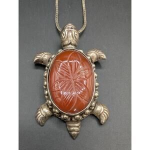 Vintage 925 Carved Carnelian Turtle Pendant & Necklace 28" Long